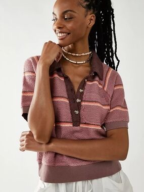 Free People "Suns Out" Mauve Striped Knit Polo with Contrast Trim